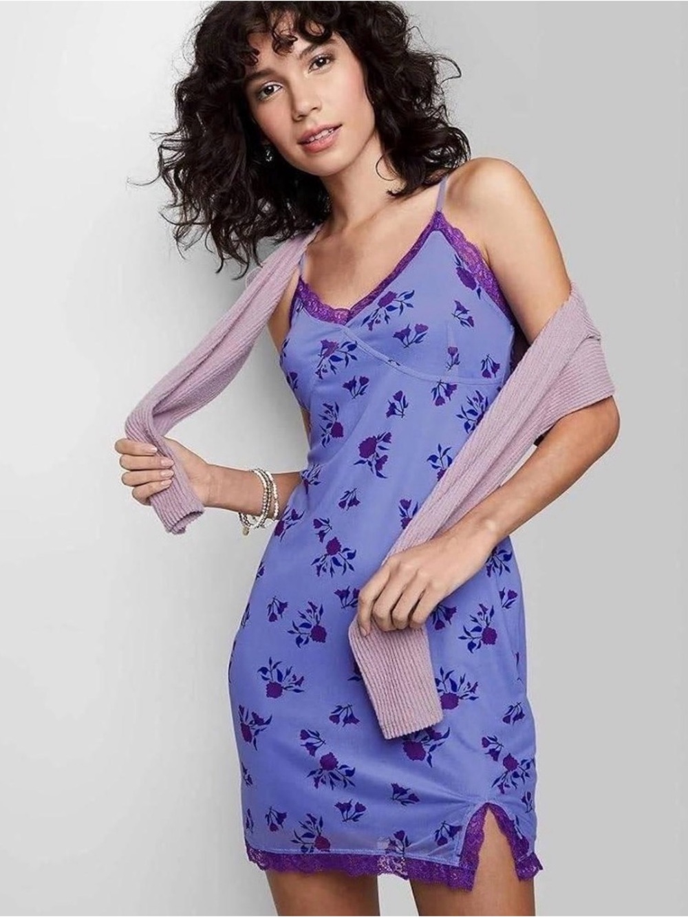 Purple Floral Lace-Trim Slip Dress